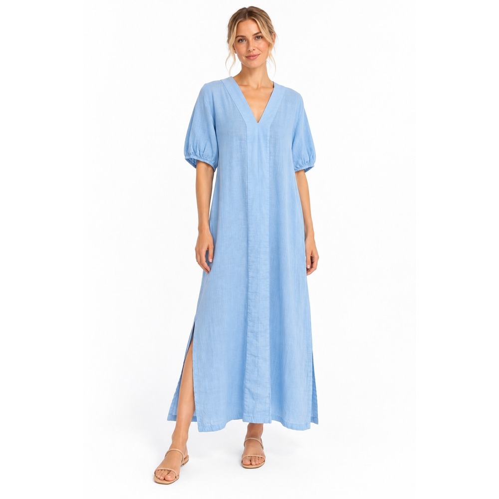 LAKE Cotton Gauze Caftan Maxi Dress Blue Resort Coastal Beach Cover Up L Boho
